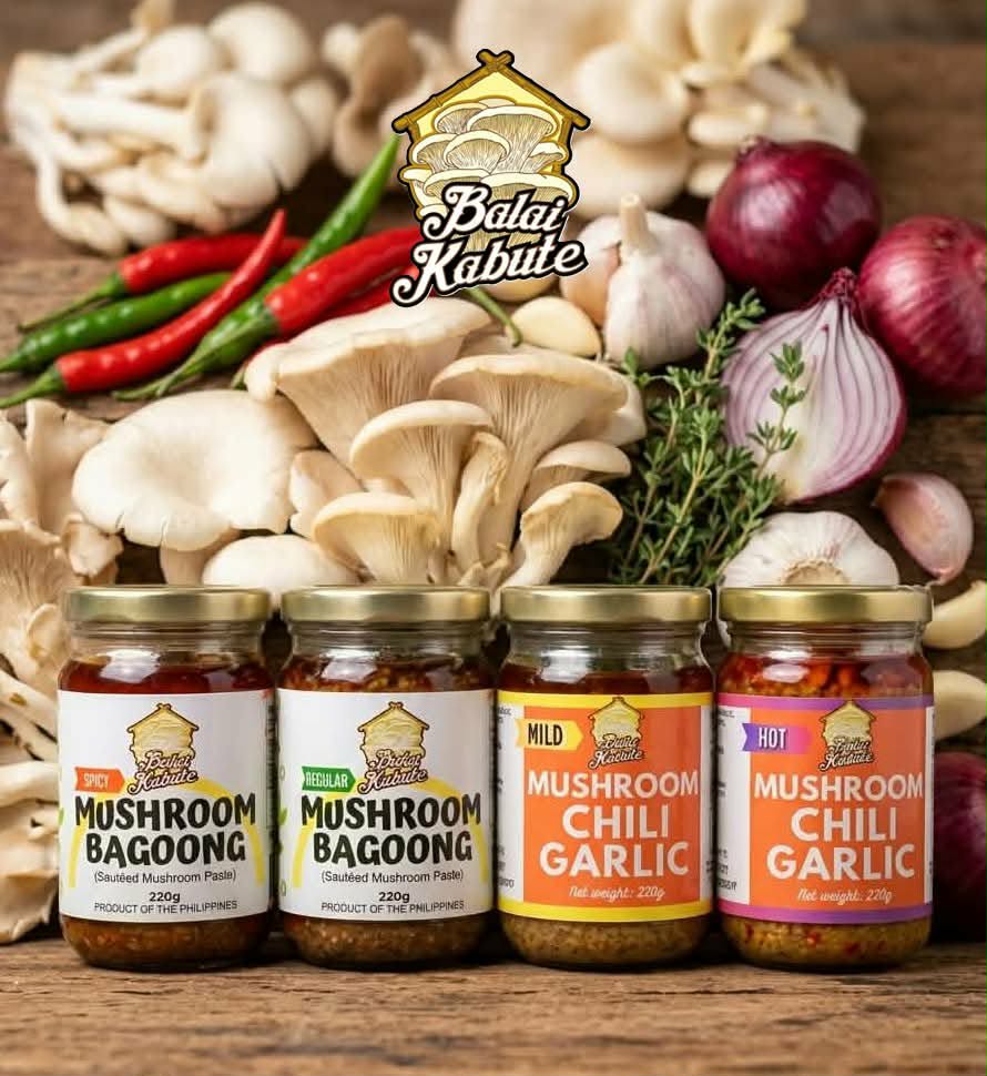 Balai Kabute sampler pack with Spicy and Regular Mushroom Bagoong and Mild and Hot Mushroom Chili Garlic jars